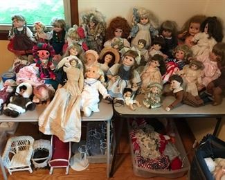 Some of the many dolls at this sale, a number of which are porcelain. Madame Alexander; Elke Hutchens; Cathay Collection (Limited Ed.); Duck House (Limited Edition); Julie Good-Kruger; Grace C. Rockwell; Patty Cake Nursery Series; Gustave L. Wolff; Connie Walser Derek.