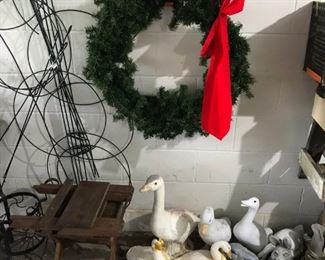 More ducks and geese. Garage filled with household, holiday, yard and garden.