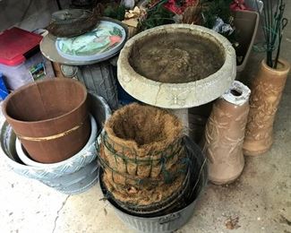 Bird bath; two bird bath bases; pedestal; numerous flower pots and hanging baskets (more than shown here).