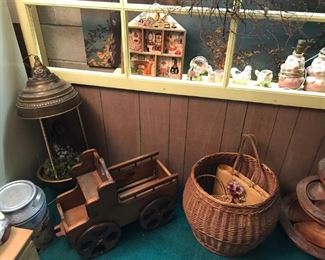 Large metal hanging lamp; large wood toy truck; nice floor basket.