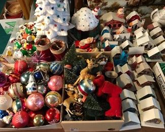 Lots of vintage Christmas ornaments decorations; collection of vintage Putz houses, both cardboard and plastic.