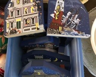 Tub of Cat's Meow Village Halloween-themed pieces. There are many Cat's Meow Village pieces at this sale -- photos of the other to come (many w/train theme).