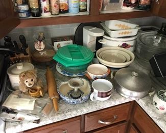 Roseville nexting bowls (3); Pyrex; kitchen stuffed.