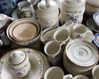 More International Harvester stoneware, plus International Harvester metal nesting bowl set (3); John Taylor Ceramics pitcher and bowl. Lots of nice pottery, china and dinnerware at this sale.