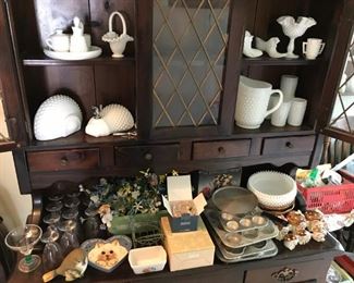 Selection of hobnail milk glass; Waterford Crystal (two boxes front and center in photo).