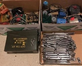 Model train transformers, track and accessories; Ammo box.
