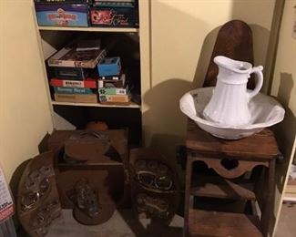 Selection of games; unusual wood stool; retro portable bar in the shape of a barrel (see next photo); wash basin and pitcher.