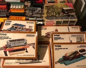 A closer look at some of the model trains and components, some in their original boxes.