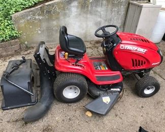 Troy-Bilt riding lawn mower with complete bagging attachment.