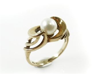 10K GOLD PEARL SOLITAIRE SWIRL SPIRAL RING