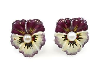 PERFECT PANSY STERLING ENAMEL & PEARL EARRINGS