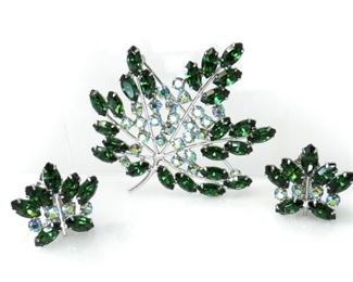 B.DAVID RHINESTONE LEAF BROOCH & EARRING SET