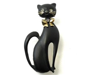 BLACK SATIN ENAMEL SOPHISTICATED CAT BROOCH