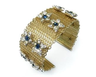 EXTRAVAGANT WOVEN MESH CUFF BRACELET FLOWER ACCENT