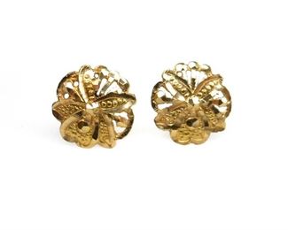 18K GOLD FILIGREE FLORAL EARRINGS POST SCREW BACKS