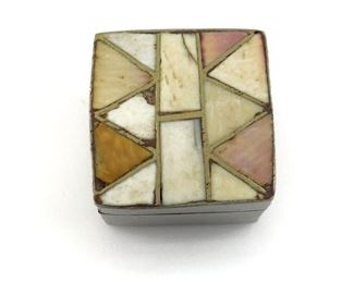 INLAID BONE & SHELL SILVER SNUFF TRINKET BOX