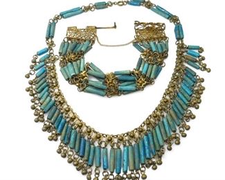 1920s EGYPTIAN REVIVAL FAIENCE BIB NECKLACE SET