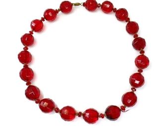 ART DECO RED FACETED CZECH GLASS BEAD NECKLACE