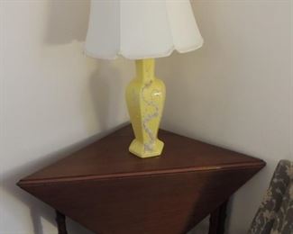 antique triangle drop leaf table, antique lamp