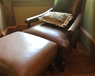 Fabulous brown leather chair and ottoman.  
