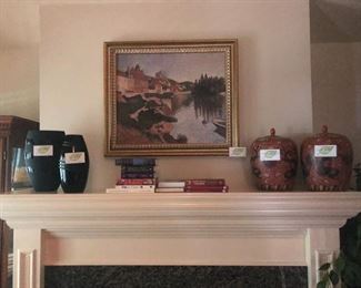 Signed original acrylic landscape graces this mantle along with contemporary and antique vases/urns.  
