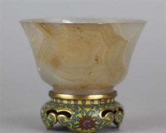 Chinese agate cup on gilded cloisonne base; possibly Republican period; overall: 3in(L) x 2.5in(H)
