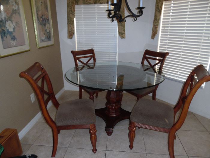 Wood Pedestal Table, Round Glass Top, 4 Chairs