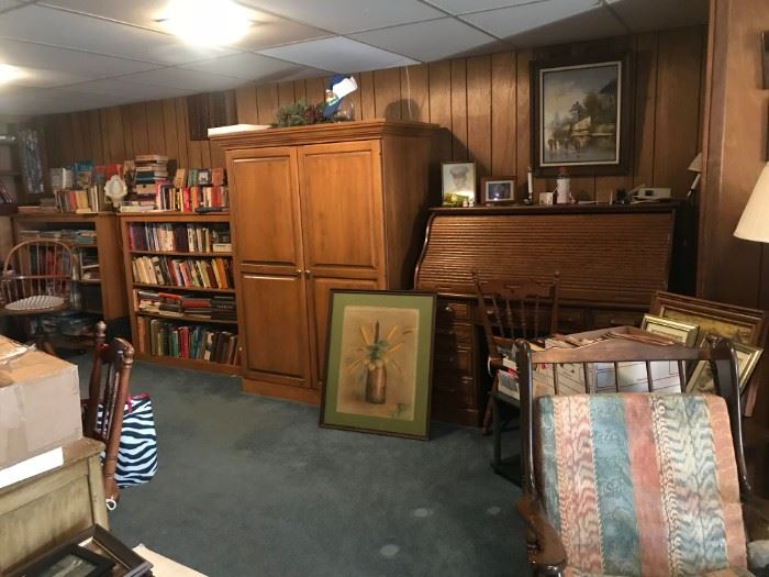 Shelves, Computer Desk, Chairs, Lamps, Wall Art