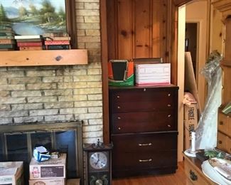 Oil Painting,  Dresser, Clock, Mason Jars, Books