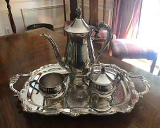 silver tea set and tray
