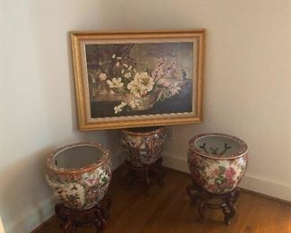 Asian ceramic cauldrons and painting of smoke monster from Lost