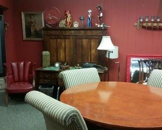 dining table and chairs, antique desk, cool red vinyl chair