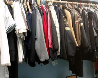 men's and women 's jackets and outerwear - including several leather jackets, vests and pants, name brand, some new with tags, some really well cared for vintage