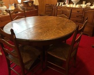 Quarter Sawn Tiger Oak Table and 4 Rush bottom Chairs