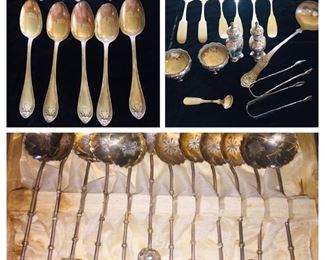 Sterling Asian influence demitasse spoons, sterling sugar tongs, coin silver salt cellars,  a large English King Sterling punch ladle, coin silver spoons and forks