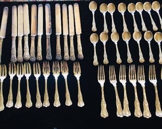 Gorham English King sterling ice cream spoons, fish forks, dinner forks, and dinner knives