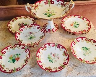 early Minton handpainted dessert set.  Each piece is hand painted with different flowers