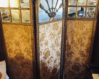 French tapestry and mirrored 19th c three paneled screen