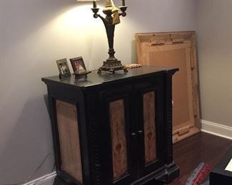 Black painted two door chest and lamp