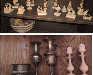 African Carved figurines and candle sticks.  Brass from Egypt