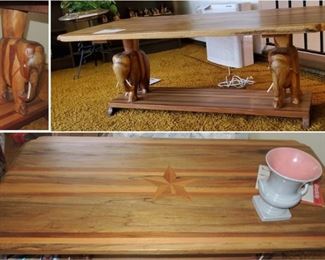 African Carved Coffee Table - elephant base - Star inlaid on top