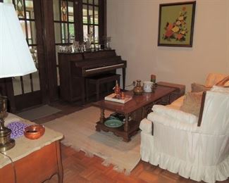 Conn upright piano, Traditional sofa and coffee table