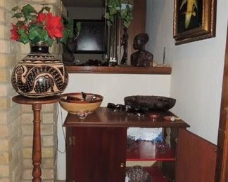 1950s stereo cabinet, hanging lamps, plant stands, carved gourds