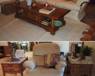 Traditional recliner, marble top side tables, sofa and coffee table
