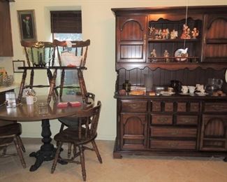 round table with cast iron base, 6 chairs, buffet hutch with lots of storage