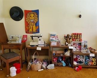 3 sewing machines, sewing supplies and notions, fabric and yarn