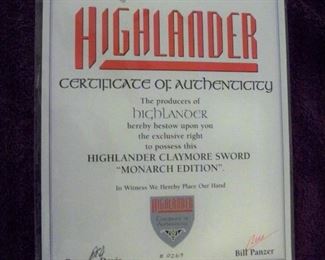 Certification for the "Monarch Edition" Sword.