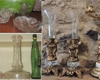 Crystal and gold cherub candelabra and vase set, antique crystal displays, American Brilliant cut glass