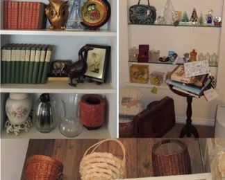 Books, baskets, crystal, glass, candles
