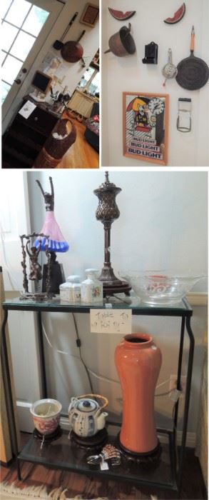 Old kitchen items, Bud Light clock, urns, figurines and brass sculptures
